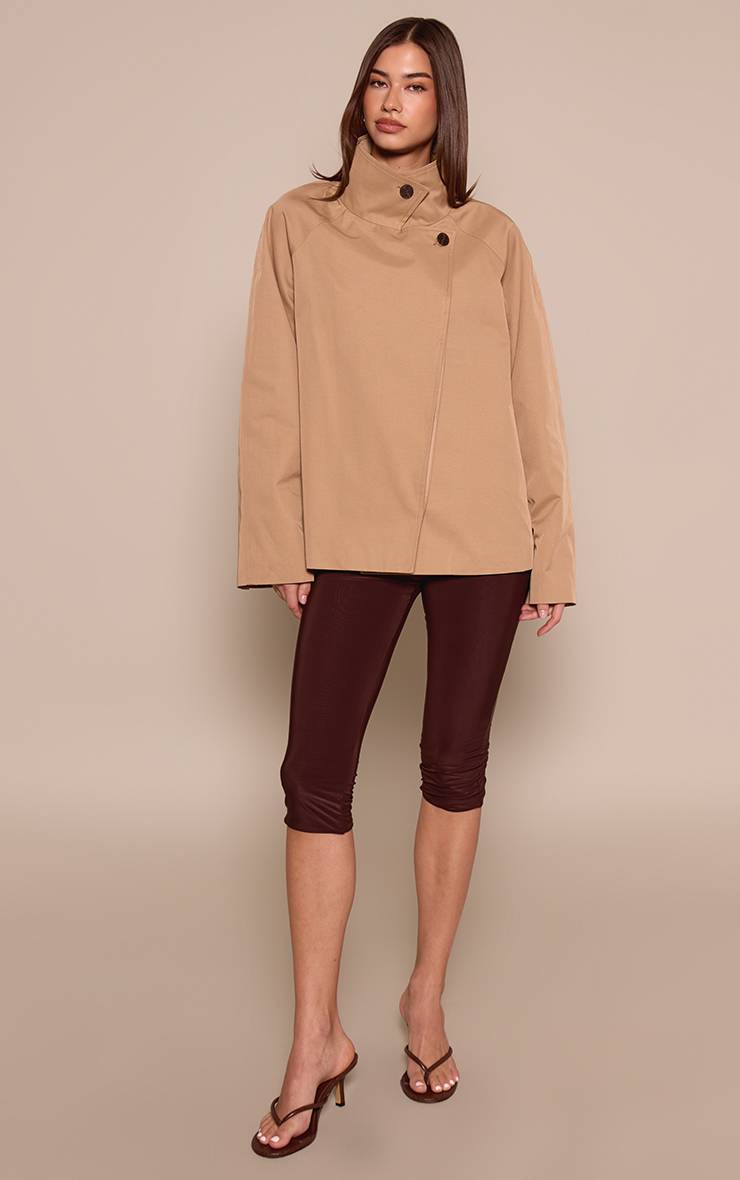 Marron Trench-coat Mi-long Beige À Col Montant