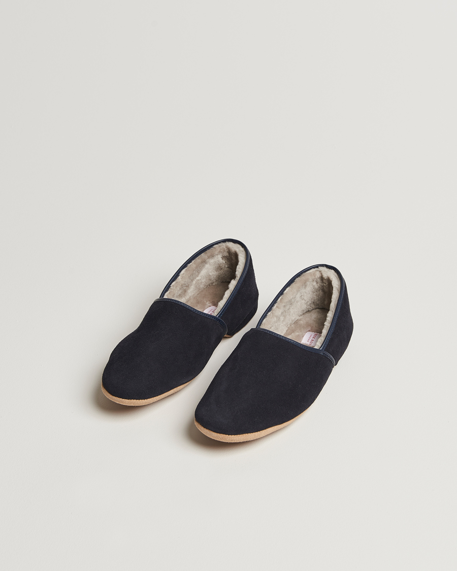 Derek Rose Crawford Sheepskin Suede Slippers Navy
