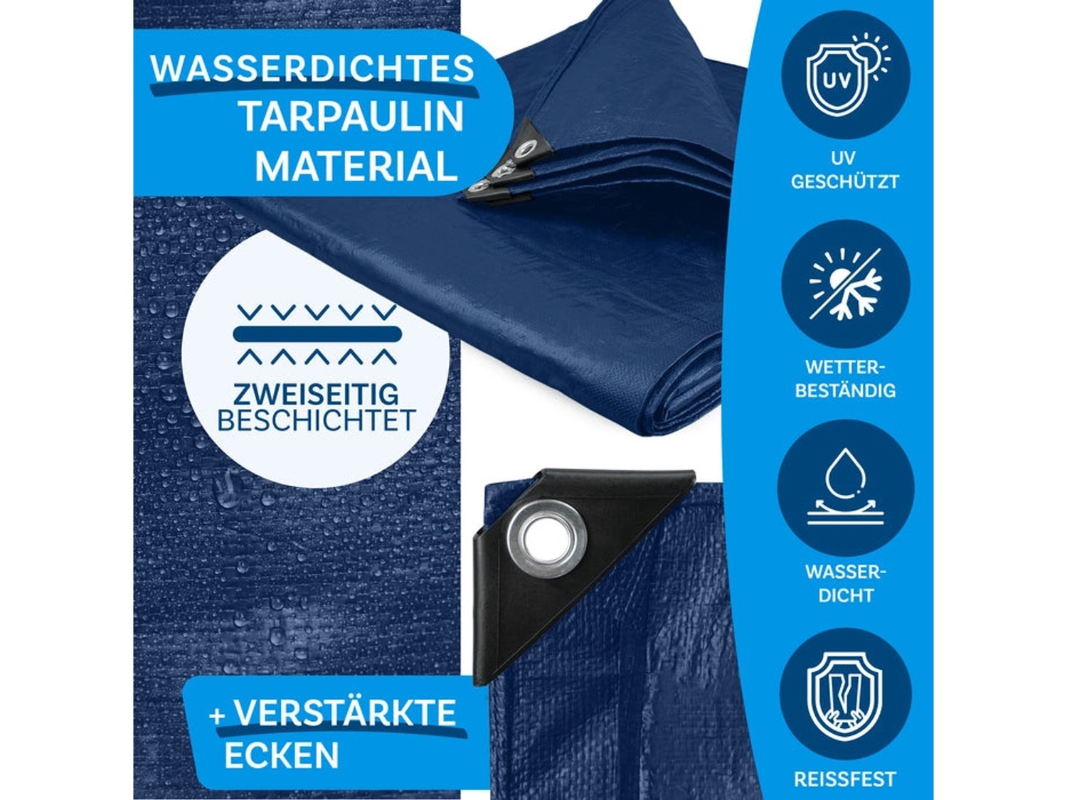 Waterdicht zeildoek met ogen, beschermhoes, 80 g/m², 1,5 x 6 m, blauw