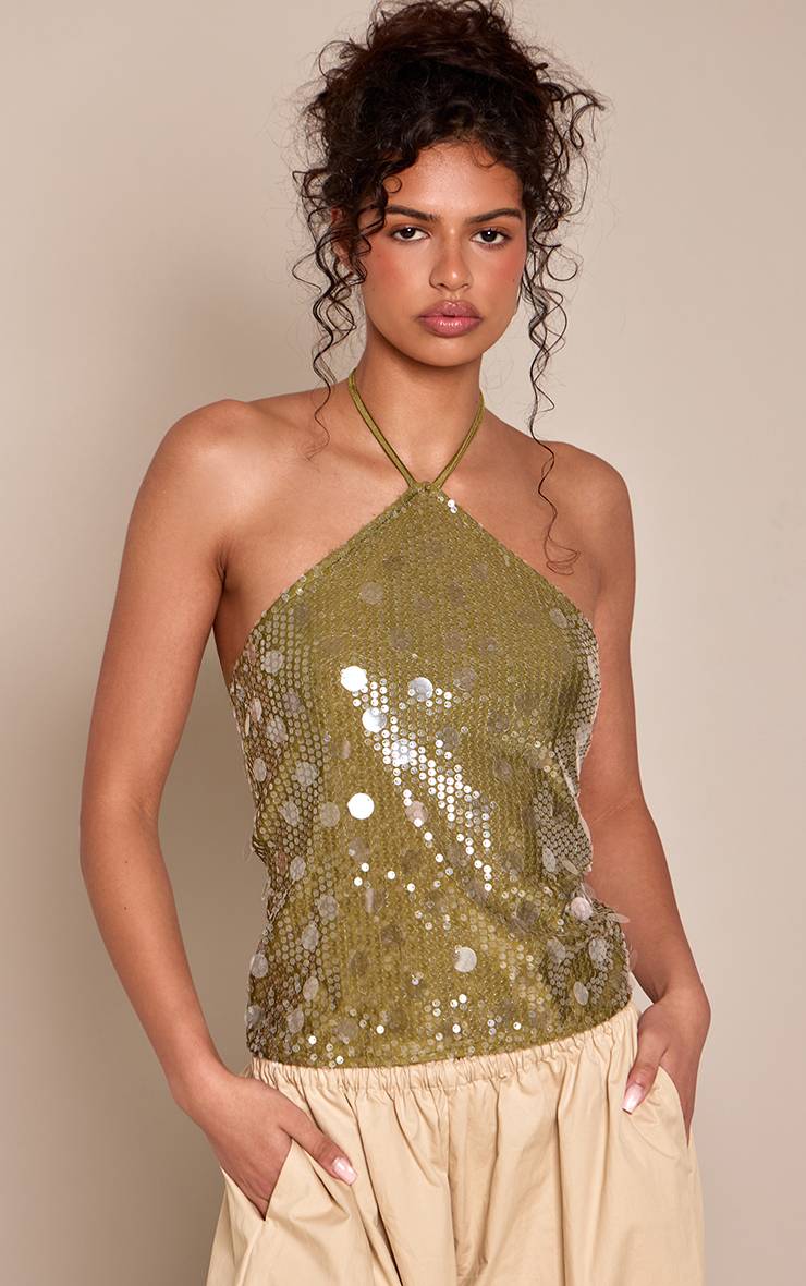 Vert Haut Dos Nu À Sequins Disques Et Col Licou