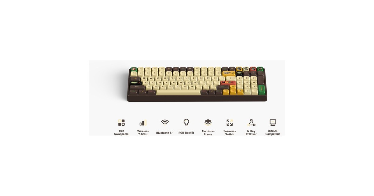 IqunixF97 Happy Ape Wireless Mechanical Keyboard, gaming toetsenbord  (Bruin/geel, US lay-out, Cherry MX Red, RGB leds, 96%, Hot-swappable, PBT, 2.4GHz | Bluetooth 5.1 | USB-C)