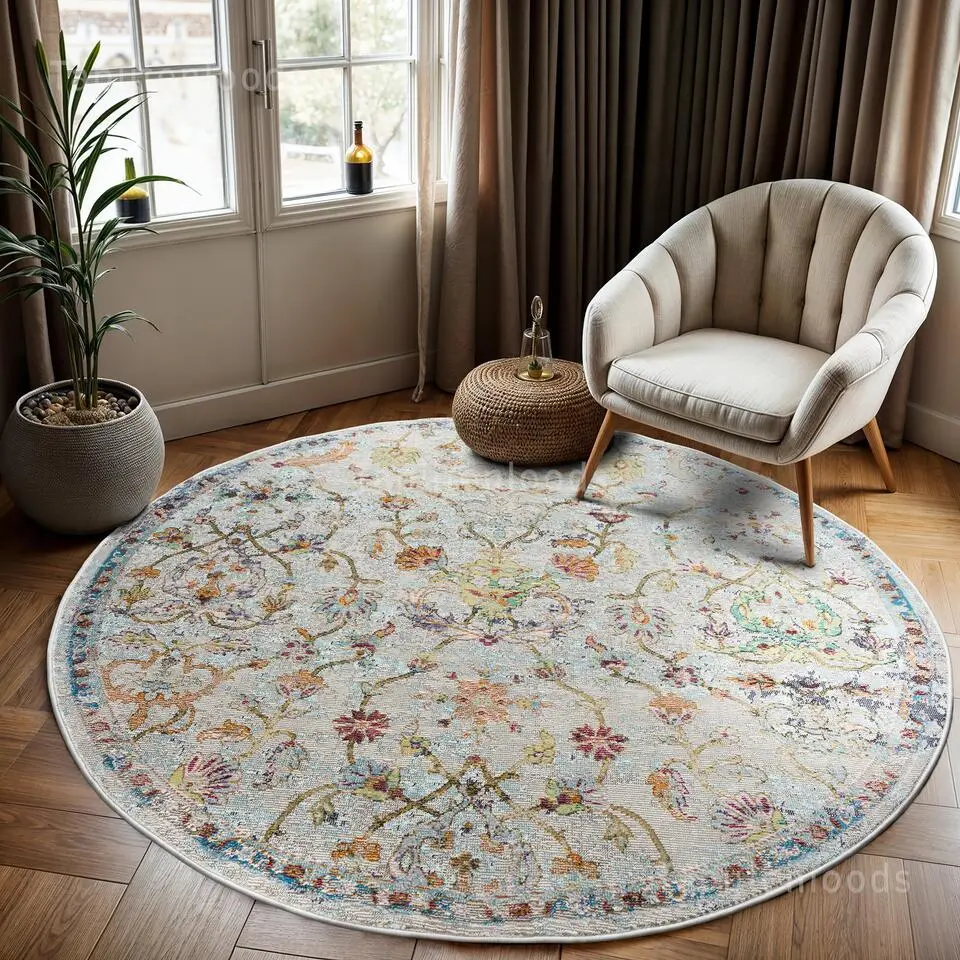 Picasso Sarough Vintage Rond Vloerkleed Creme / Beige Laagpolig - 133 CM ROND