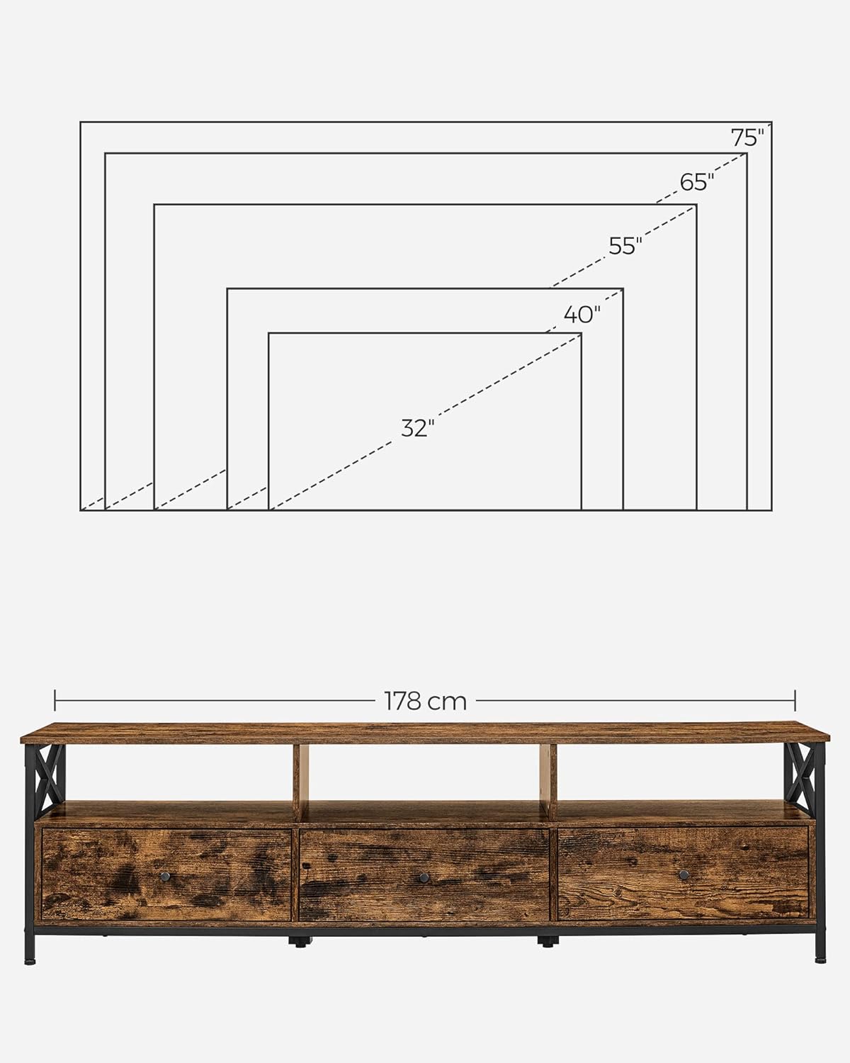 VASAGLE TV-Schrank, Lowboard für Fernseher bis zu 80 Zoll, Fernsehtisch mit 3 Schubladen, 3 offenen Fächern, 178 x 40 x 50 cm, Wohnzimmer, Stahlgestell, vintagebraun-schwarz LTV302B01