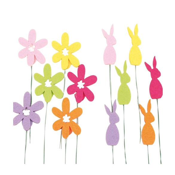 (6er Set) Filz Oster Pflanzen Stecker Home Deko Accessoire im Blumen / Osterhasen Design - Assortiert