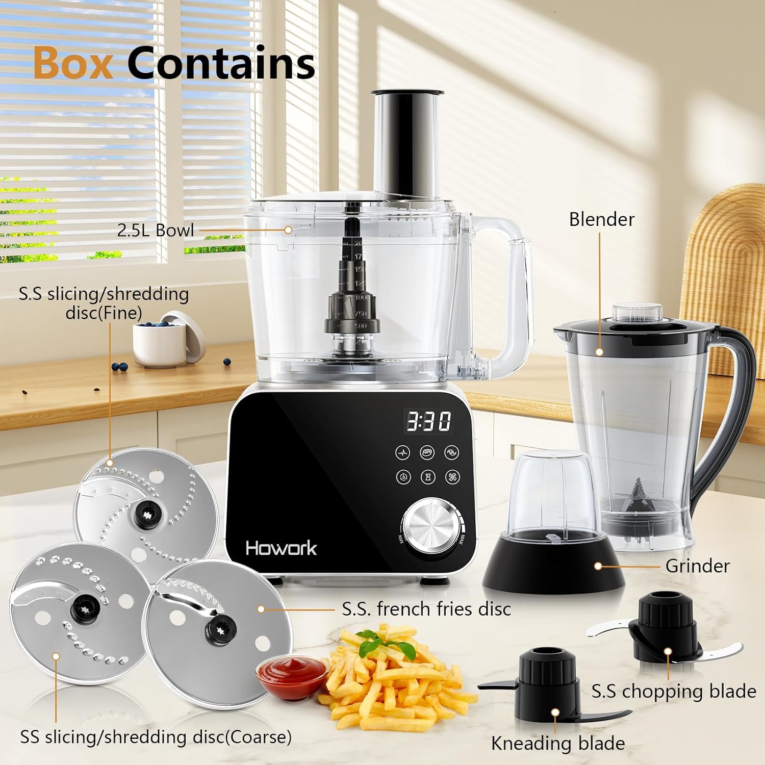 Howork Food Processor 1500W, Großes Fassungsvermögen Multifunktion, Zum Zerkleinern, Schneiden, Hacken, Mahlen, Smoothies, Hacken, Füllen und Teig, Edelstahl Silber