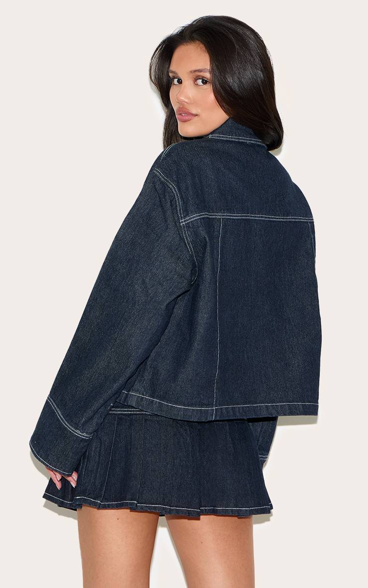 Bleu Indigo Foncé Veste En Jean Oversize À Surpiqûres Contrastées