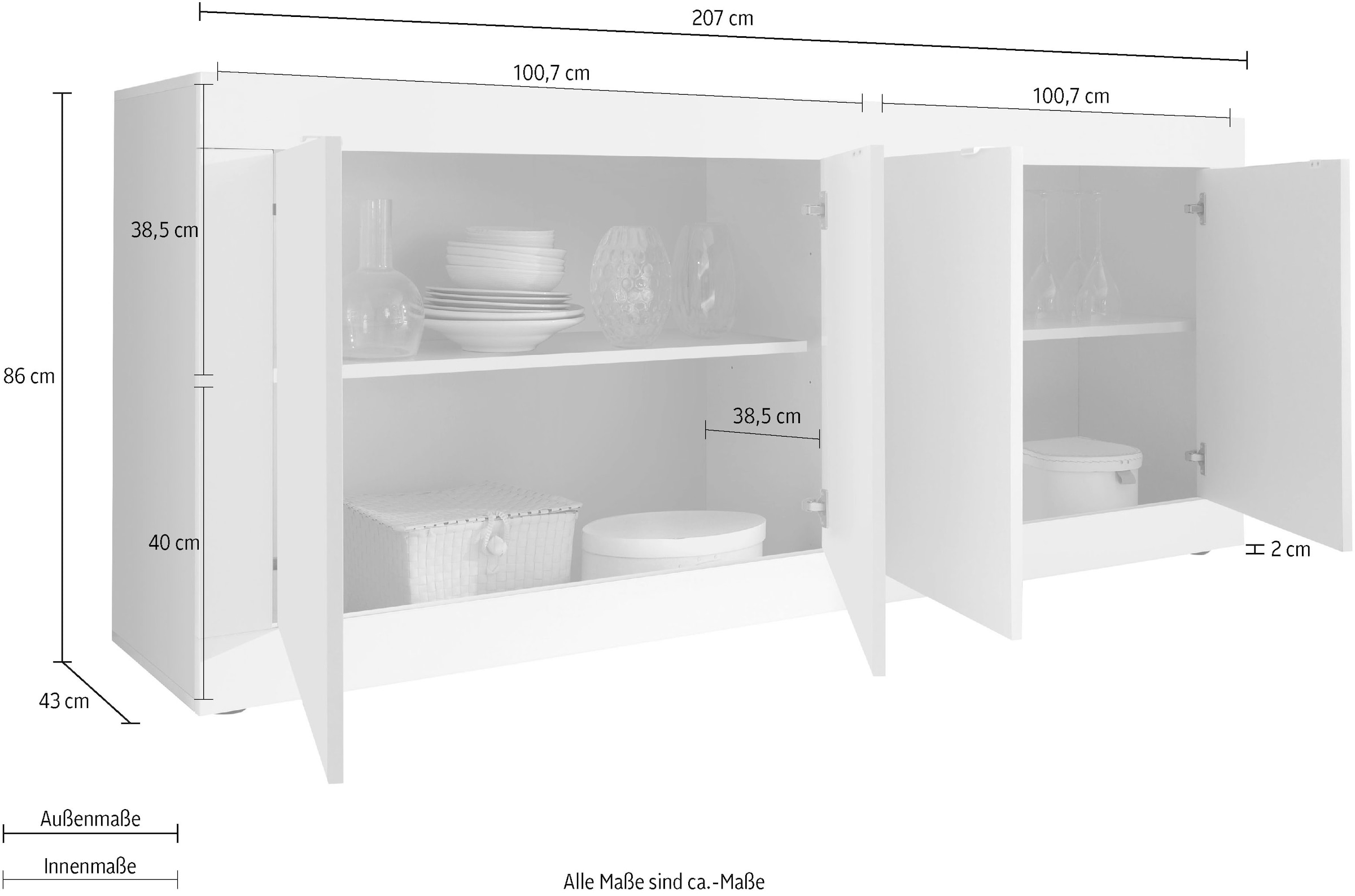 INOSIGN Sideboard »Basic Breite 207 cm, Kommode 4 Türen, Anrichte,« Metallgriff, moderne Rahmenoptik, viel Stauraum, Farbauswahl