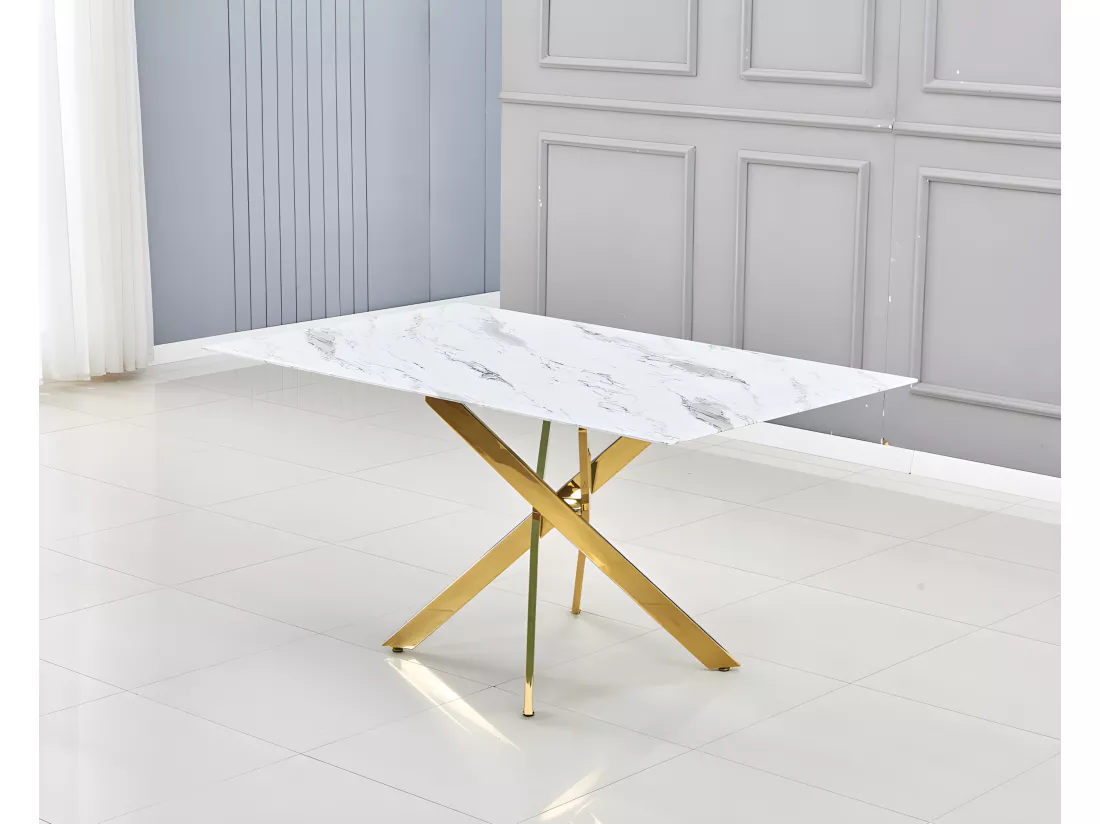 Table repas jessica gold verre effet marbré blanc 150x90cm