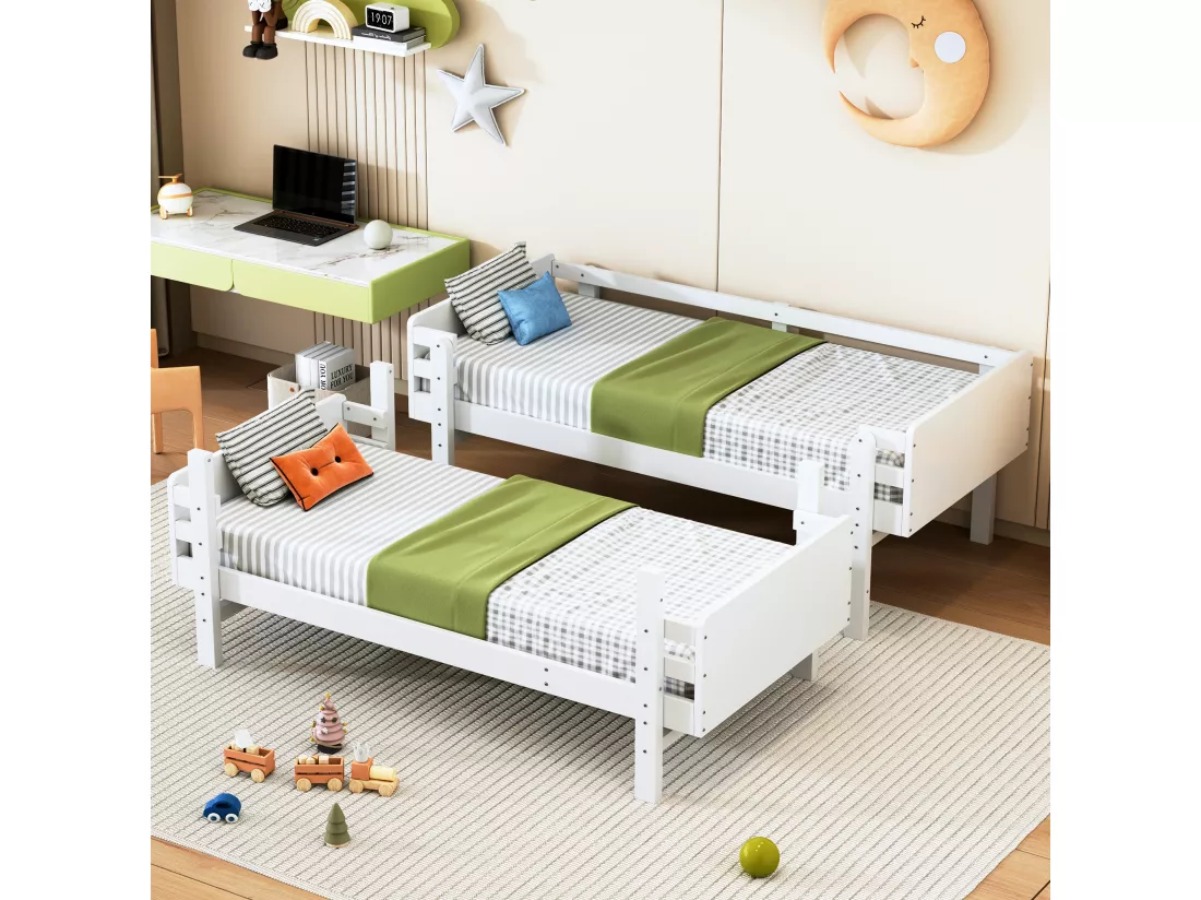 Lit superposé pour enfant blanc 90 x 190 cm, cadre en bois massif, convertible en deux lits à plateforme