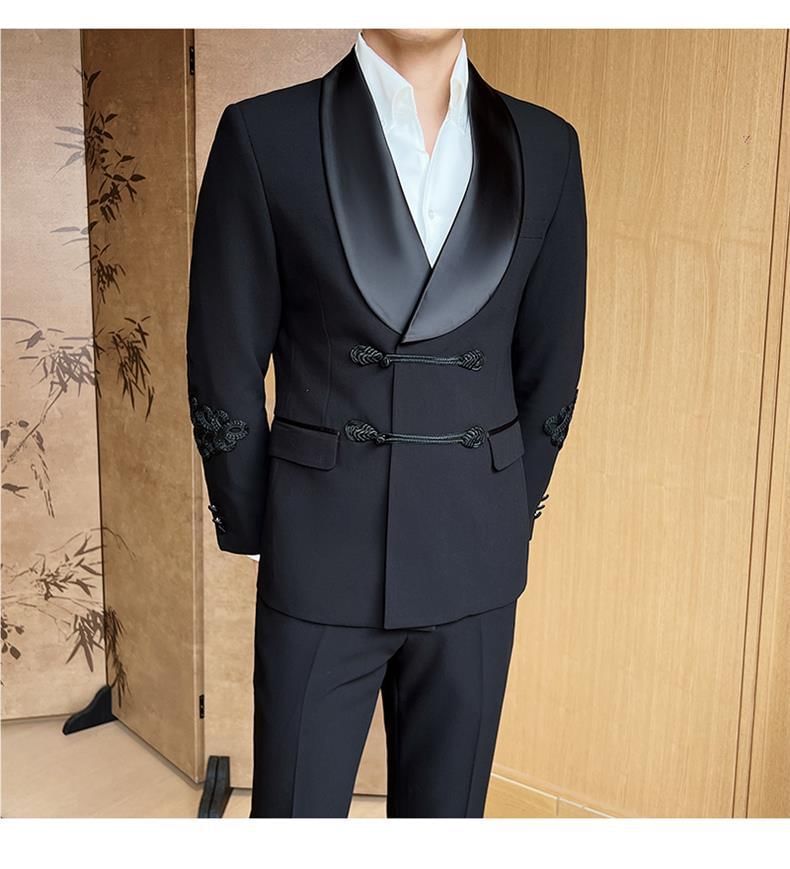 Sheck - Set: Sjaalkraag effen dubbelrijs blazer + middelhoge effen wijde broek