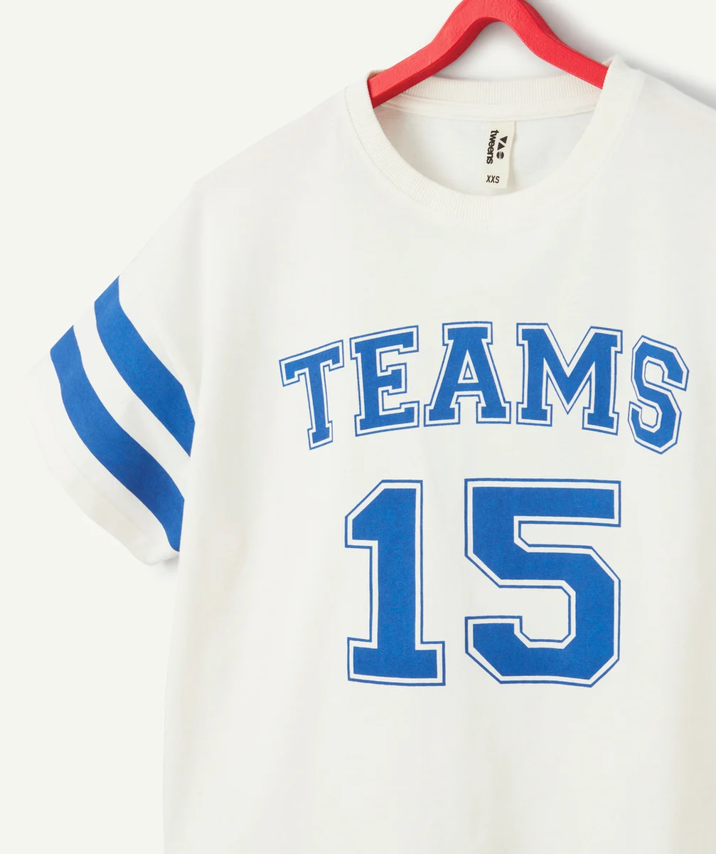 T-SHIRT MANCHES COURTES FILLE EN COTON BIO THÈME CAMPUS BLEU ET BLANC