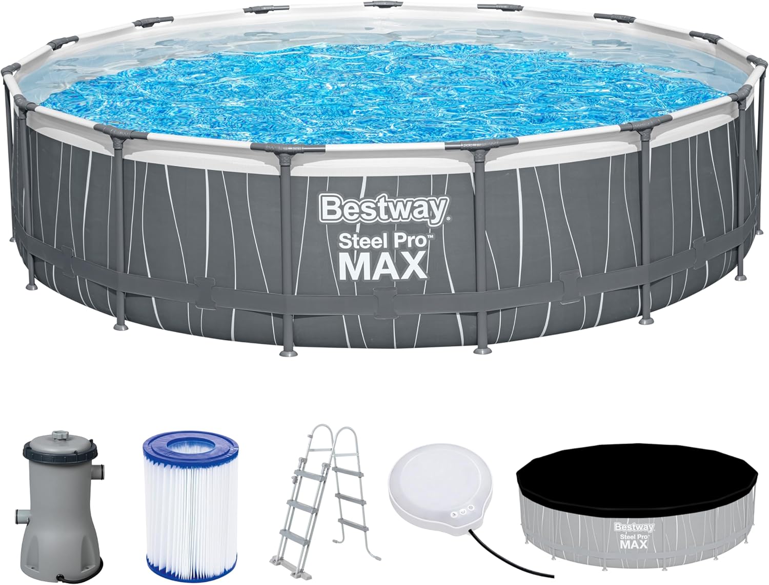 Bestway Steel Pro MAX Frame Pool Komplett-Set mit Filterpumpe Ø 457 x 107 cm, LED-Design, rund