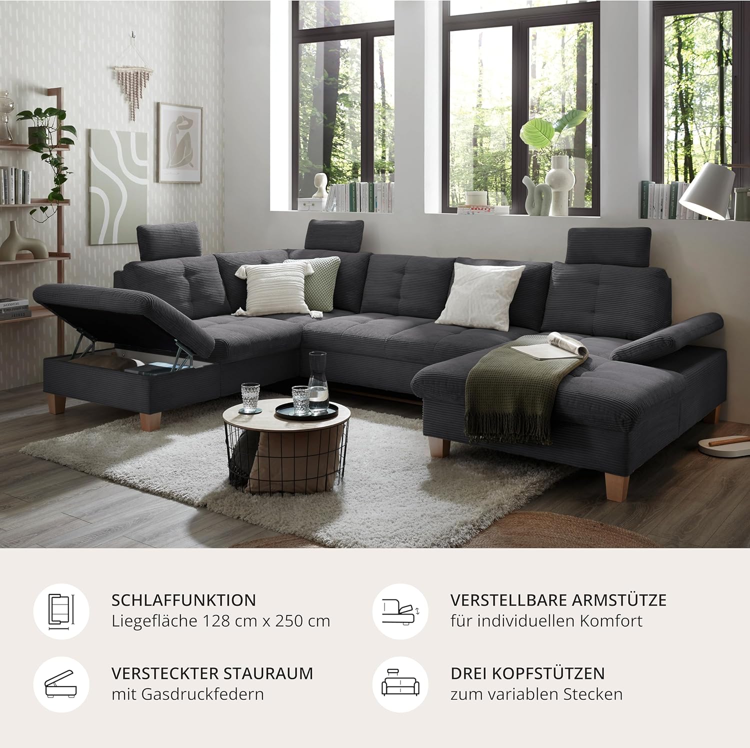Wohnlandschaft Ascot mit Cord-Bezug und Schlaffunktion in Anthrazit, U-Form inkl. Kopfstützen, Bettkasten und Verstellbarer Armlehne - 324 x 107 x 218 cm (B/H/T)