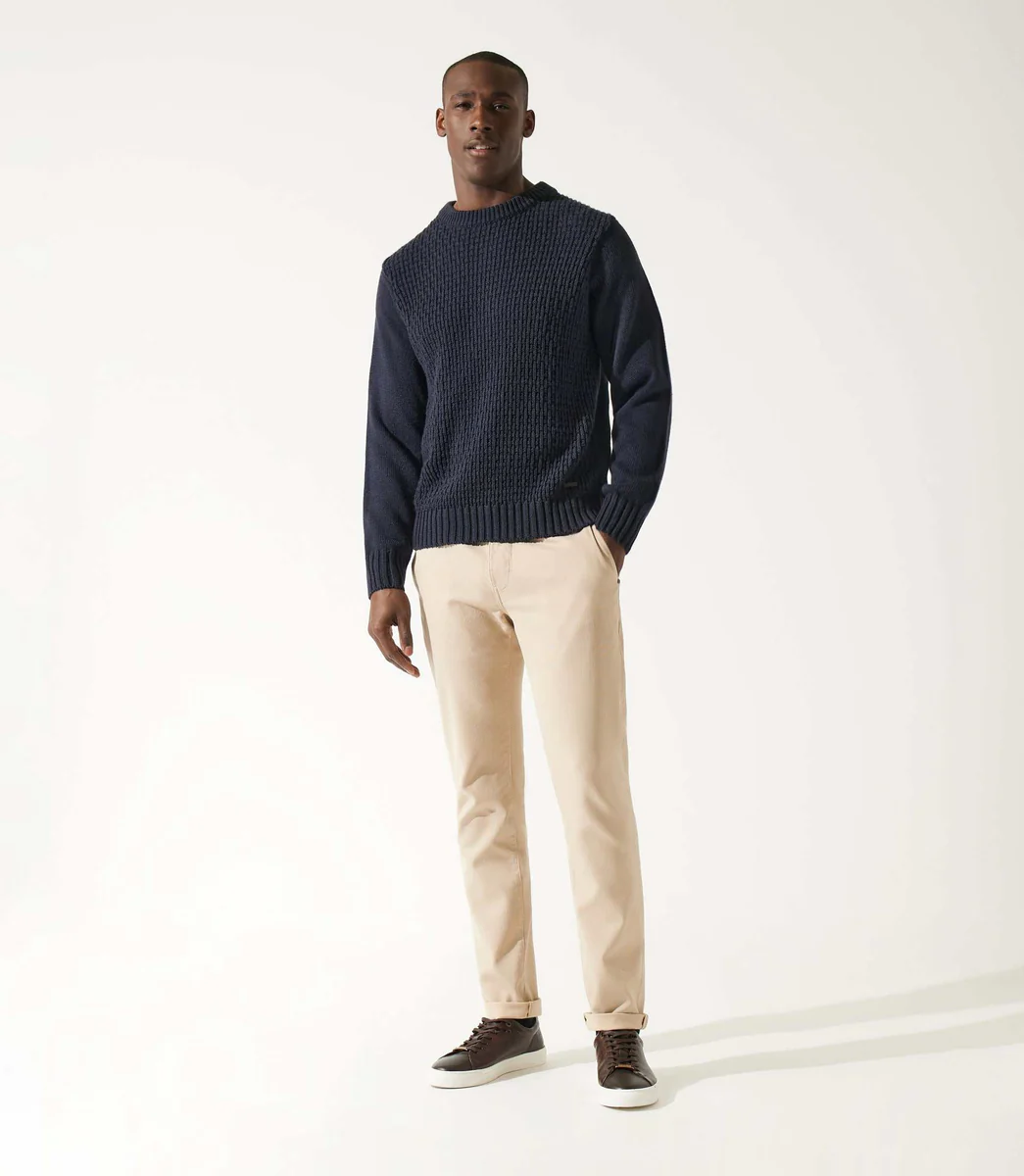 Pull col rond rayé marine