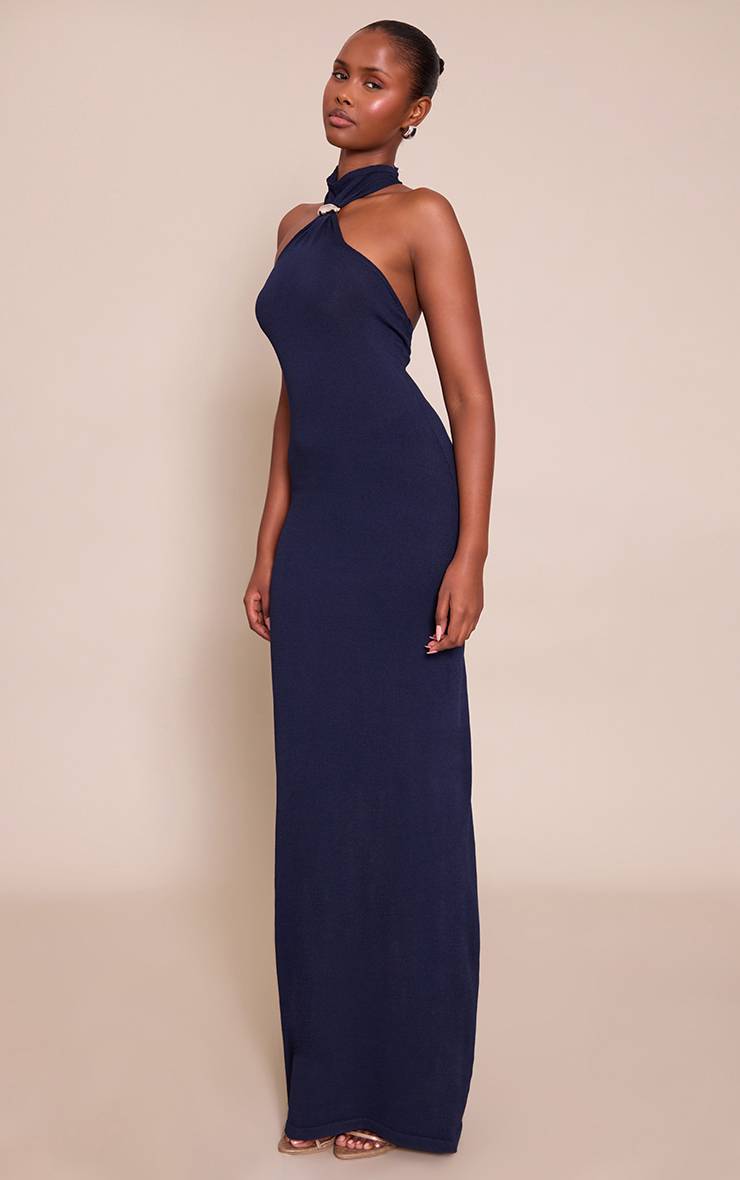 Bleu Marine Robe Longue Tricotée Col Licou Avec Détails Contrastants