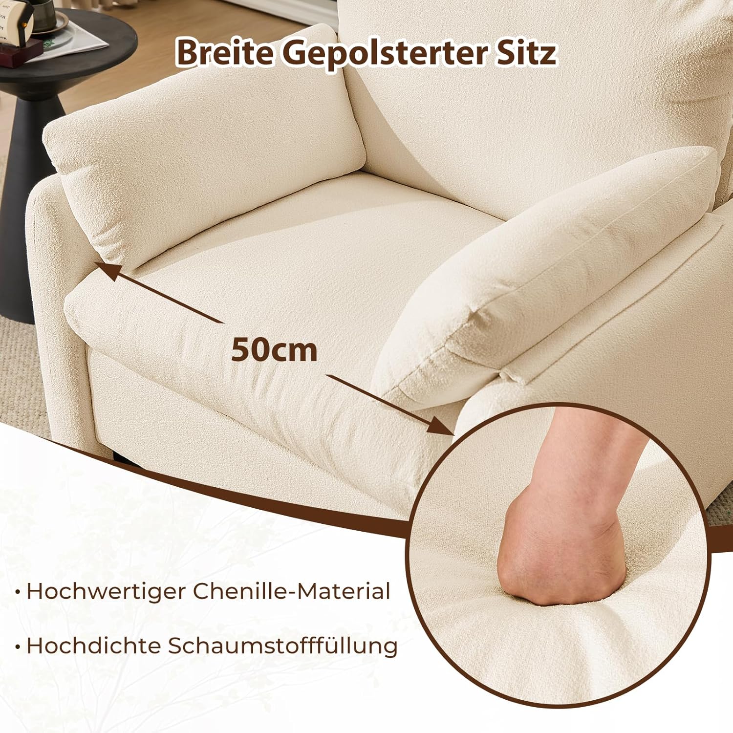 Extragroß Ohrensessel Sessel Wohnzimmer, 93.5cm Polstersessel Fernsehsessel Einzelsofa mit Abnehmbares Armlehne & Wurfkissen, Einzelsofa Lesesessel für Wohnzimmer Schlafzimmer, Beige