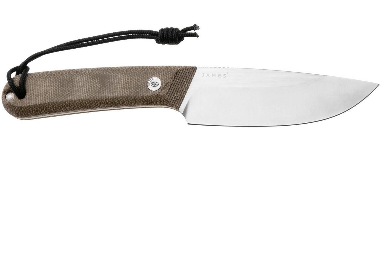The James Brand The Hell Gap stainless   od green micarta vaststaand mes
