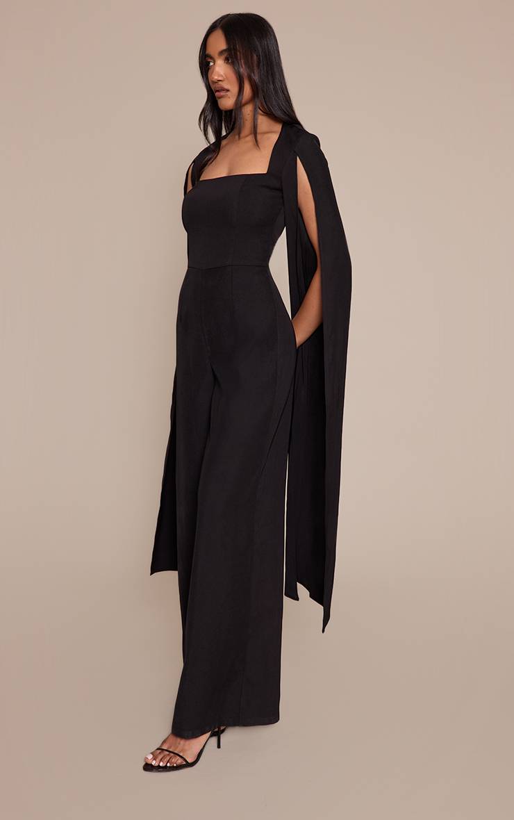 Noir Combinaison-pantalon Jambes Larges À Manches Cape Tissées