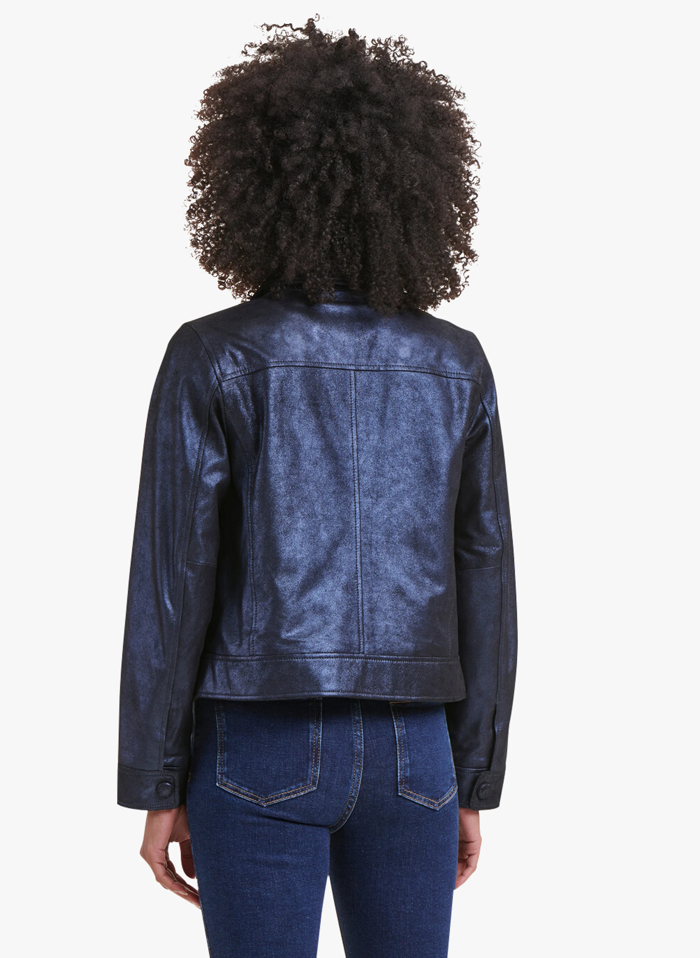 Veste col chemise en cuir| Bleu