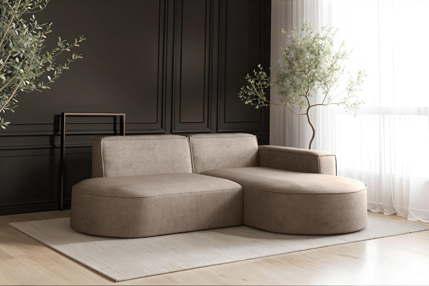 Kaiser Möbel Modena Studio Ecksofa L-Form – Modernes Design Sofa mit HR-Schaum, Velours Salvador, Freistehend für Wohnzimmer Dunkelbeige, Rechts