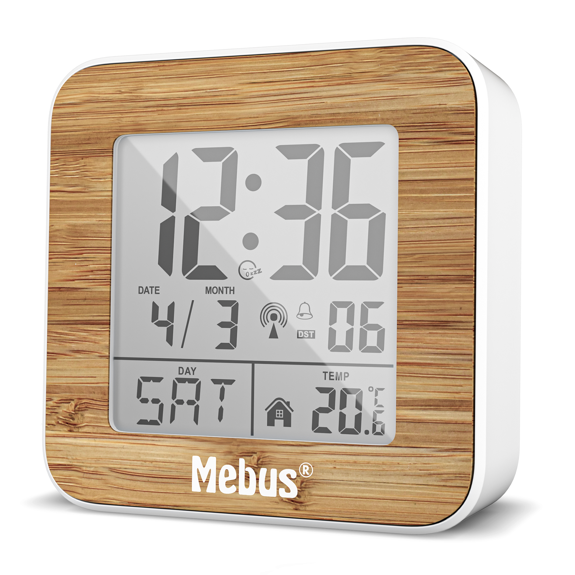 Funk-Wecker digital - weiß-Holzoptik - Innenthermometer