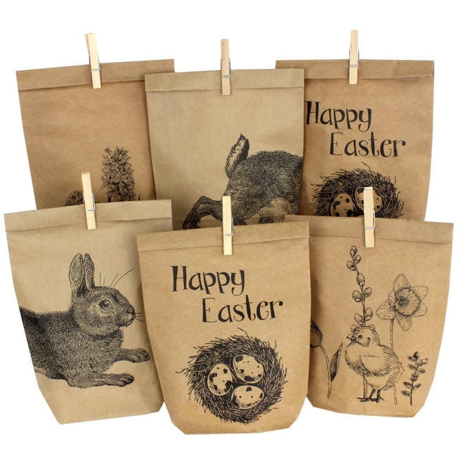 12 Papiertüten - braun - bedruckt - Ostern - ca. 14 x 5 x 22 cm