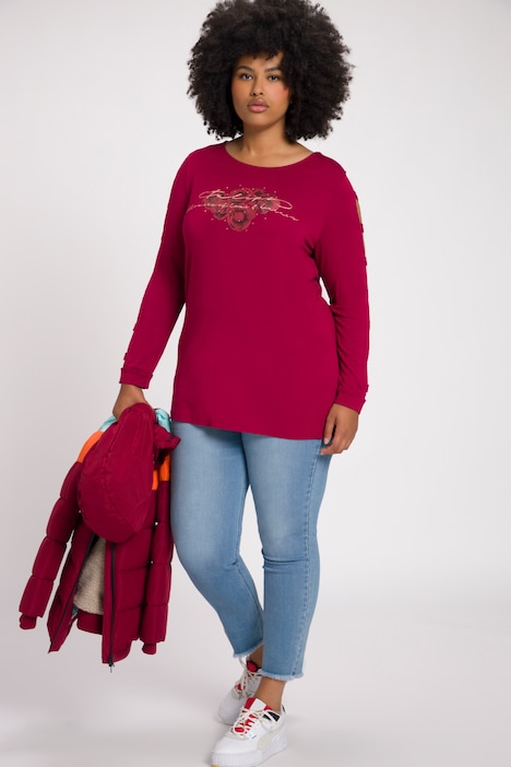 Shirt, Tulpen, Ziersteine, U-Boot-Ausschnitt, Langarm