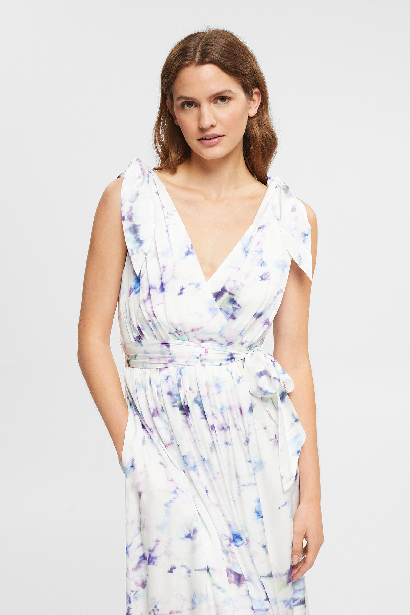 Vestido midi drapeado com alças de viscose - Multicolorido