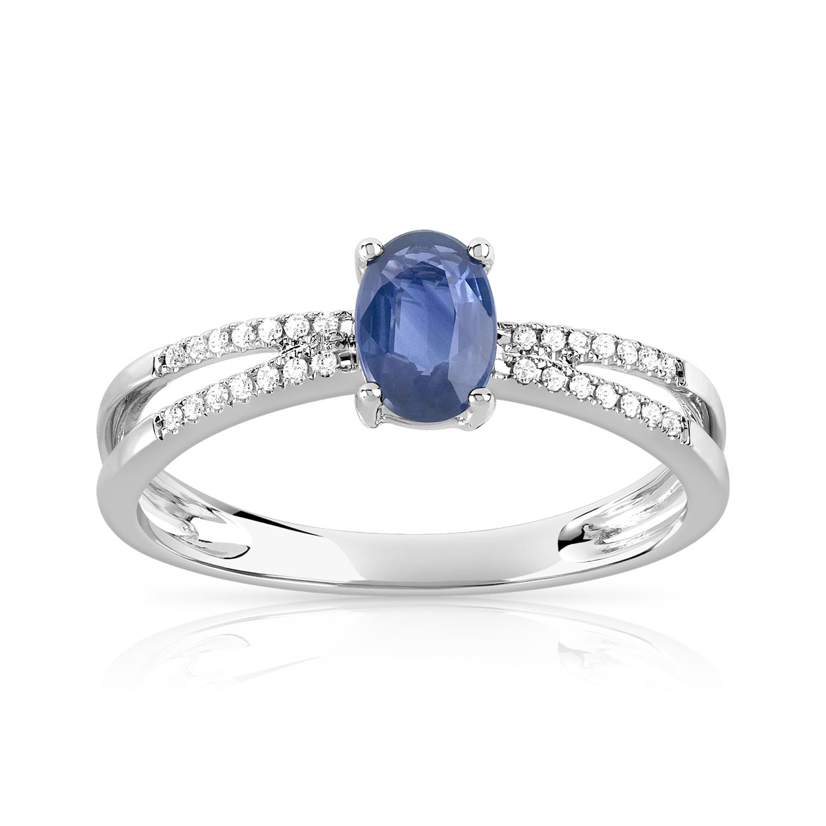 Bague or 375 blanc saphir ovale et diamants