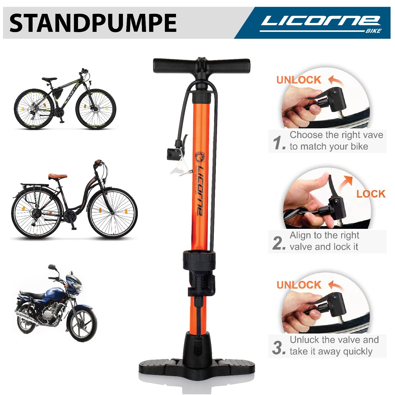 Licorne Bike Standpumpe, Klappbare Standfüße, Fahrradpumpe mit großem Manometer zur Druckanzeige, Dualkopf passend für alle Ventile (Dunlop Ventil, Französisches Ventil, Auto Ventil) (Orange)