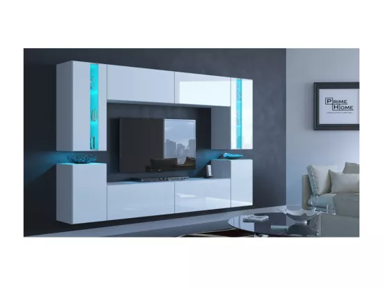 Ensemble de meubles de salon blanc suspendus collection CEPTO XXIV. 256cm, 8 meubles, leds, modulables.