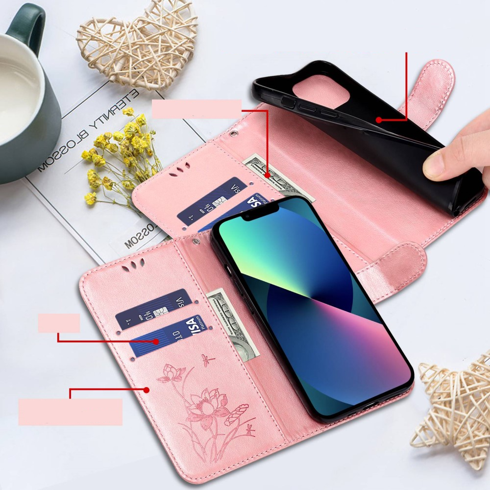iPhone 13 Pro Leder Tasche Flip Cover Lotus Blumen Imprint - Roségold