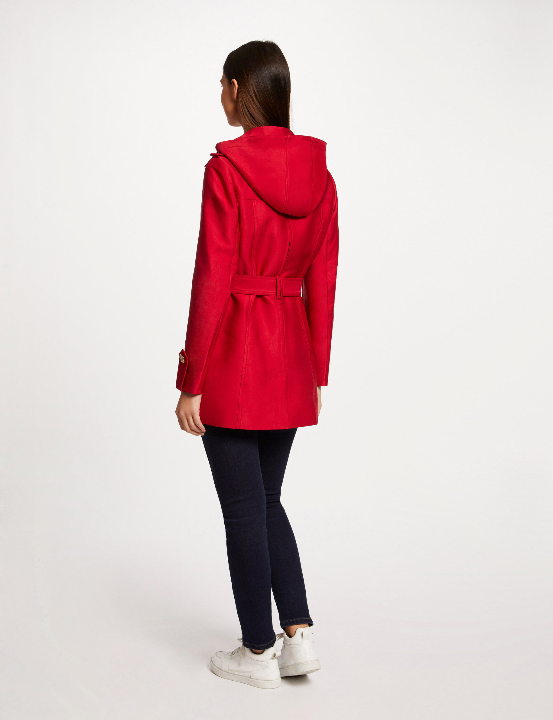 Trench droit ceinturé à capuche rouge femme - rouge