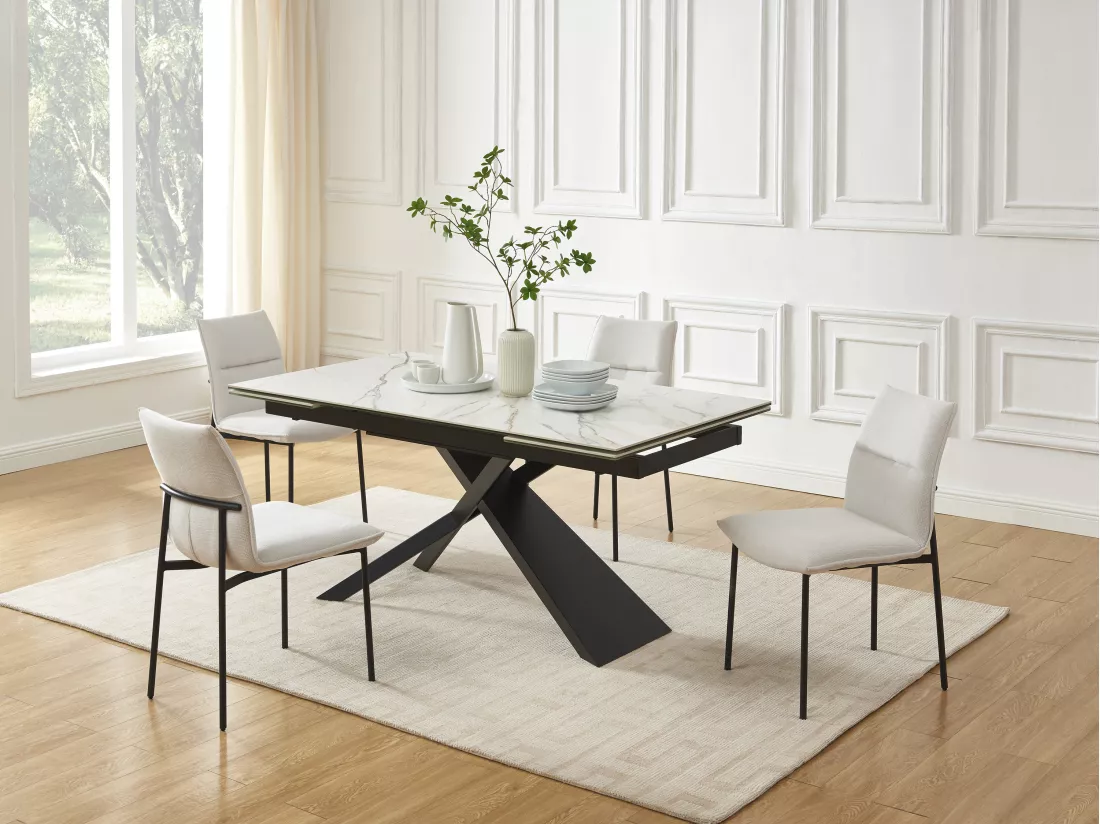Table à manger extensible 6 à 10 personnes en céramique, verre trempé et métal - Effet marbre blanc et Noir - LUMIEL de Maison Céphy