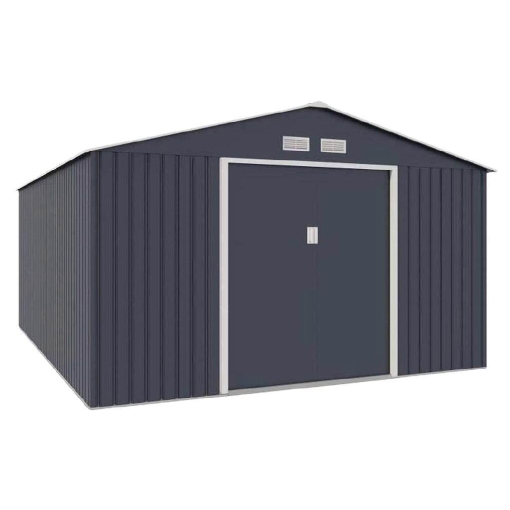 Abri de jardin en métal anthracite 3,4 × 4 m avec portes coulissantes – cabanon de rangement extérieur en acier galvanisé