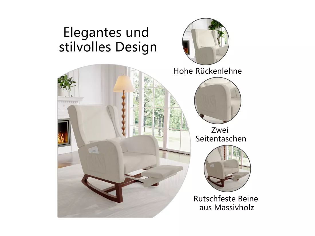 Fauteuil à Bascule avec Repose-Pieds, Fauteuil de Relaxation de Salon, Rocking Chair avec Aspect Velours, capacité de Charge jusqu'à 150 kg, pour Salon, Chambre, 64 x 67 x 99 cm (Beige)