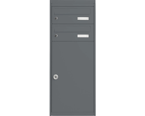 MEFA pakketbrievenbus, gepoedercoat staal, BxHxD 410/1025/325 mm, Mana 482, basaltgrijs RAL 7012, zijdemat, toegang aan de voorzijde, 3 compartimenten met 2 naamplaatjes