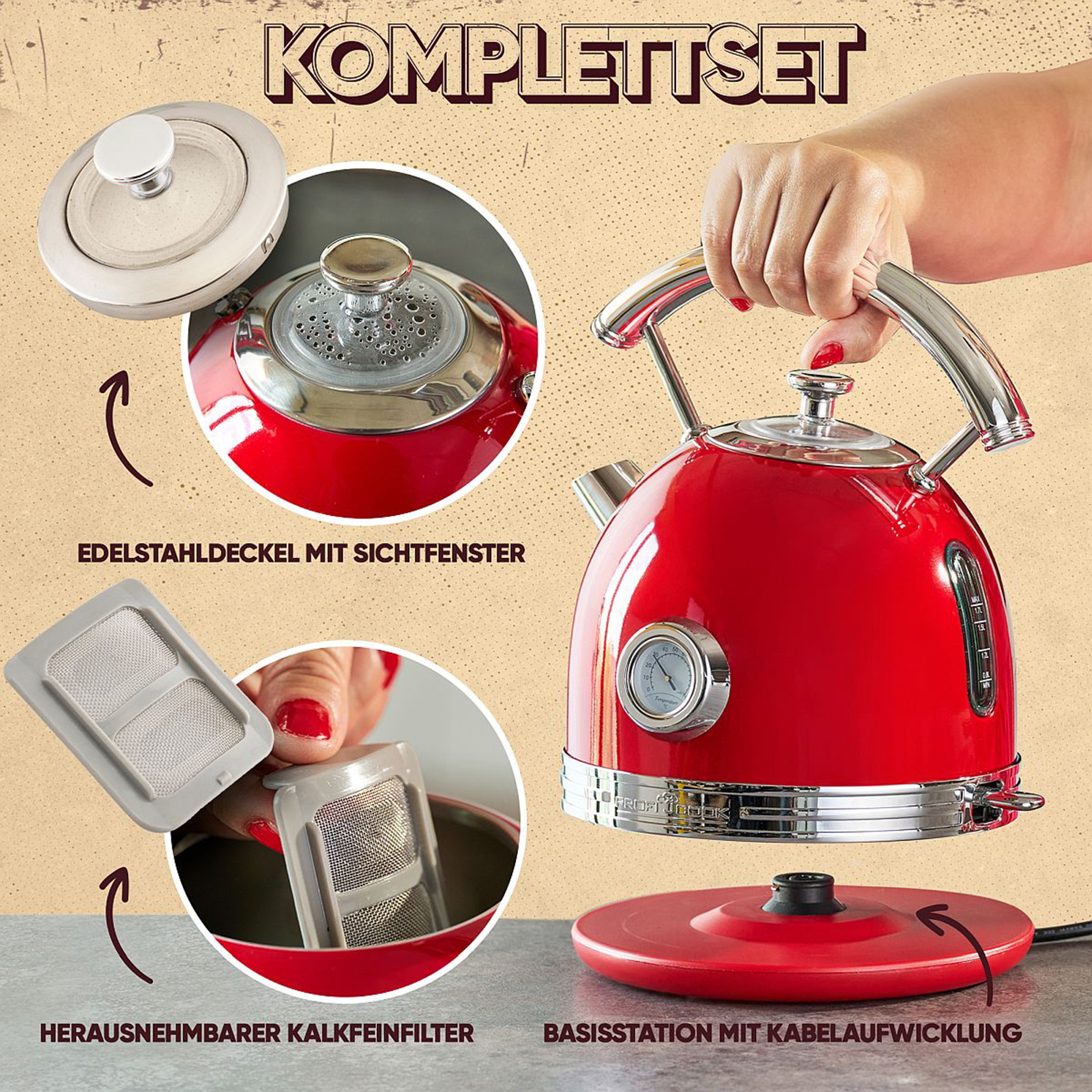 PROFICOOK Wasserkocher - rot - Edelstahl - Vintage - 1,7 Liter