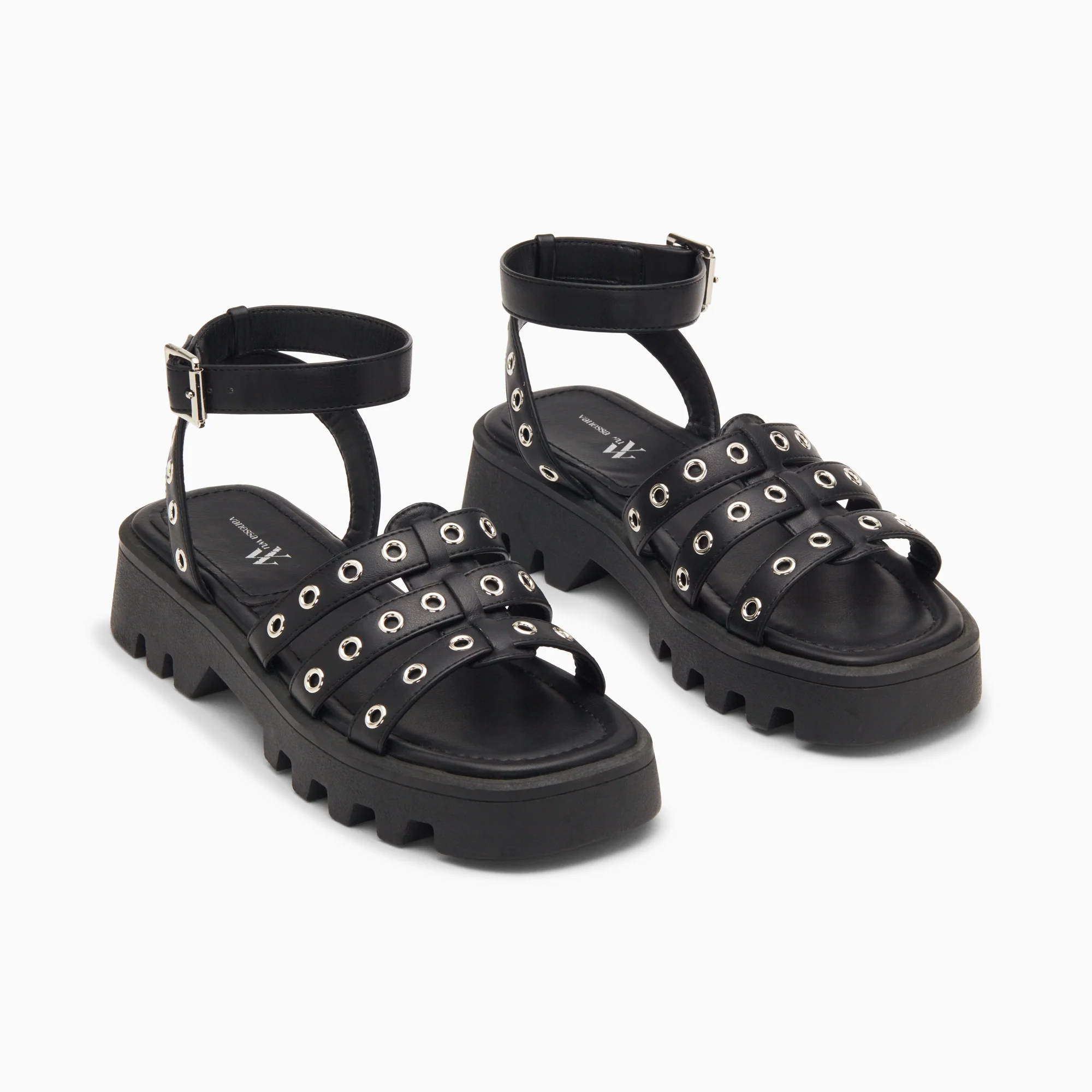 Sandales plates-Sandales Inaya noires à oeillets et plateforme crantée