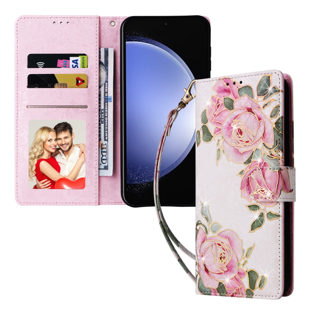 Samsung Galaxy S23 FE Leder Tasche mit Kartenfächer - Glitzer Rosen