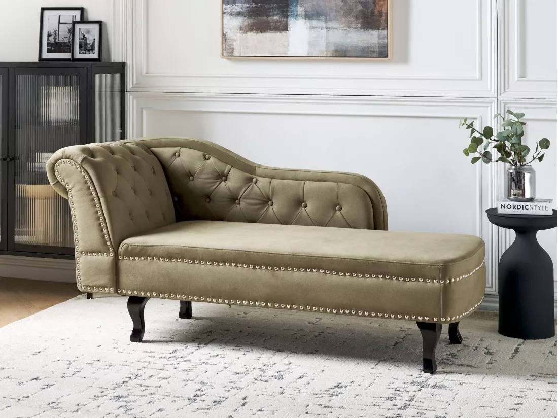 Chaise longue en velours côté droite vert olive NIMES