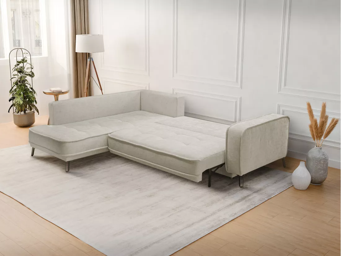 Canapé d'angle gauche convertible en tissu beige BALCORIA de Maison Céphy
