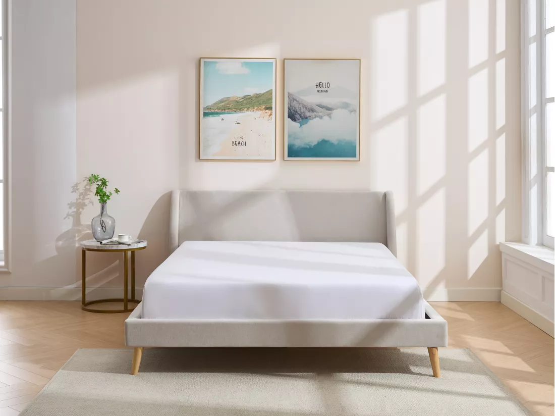 Lit scandinave 160 x 200 cm - Tissu - Beige - BENEDICTE
