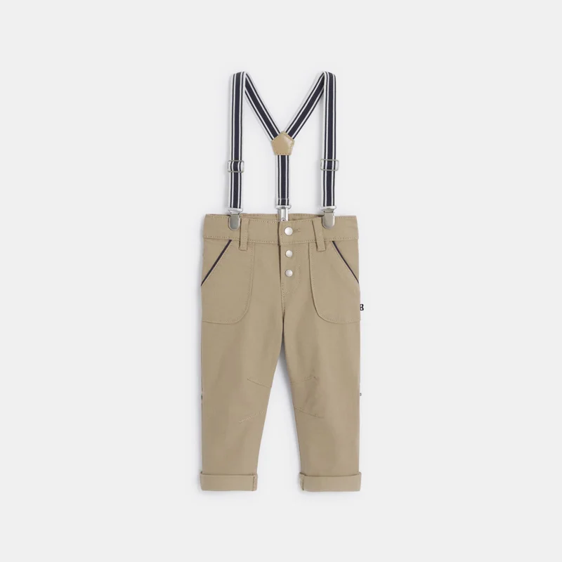 Pantalon modulable coton fantaisie à bretelles beige lin bébé garçon Beige
