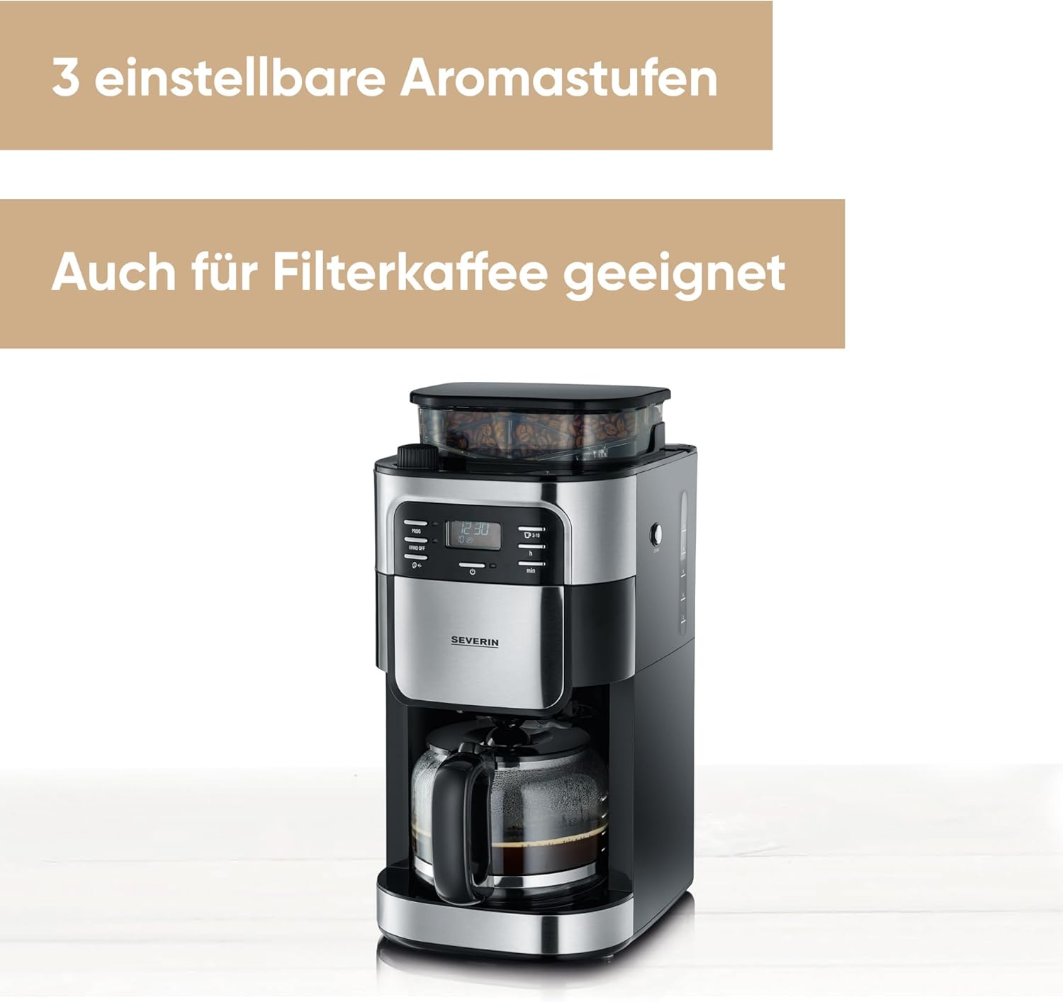 SEVERIN Kaffeemaschine mit Mahlwerk, Kaffeeautomat mit Glaskanne und Timer-Funktion, auch als Filterkaffeemaschine, Glas-Kaffeekanne für 8 Tassen, 1000 Watt, Edelstahl-gebürstet / Schwarz, KA 4810