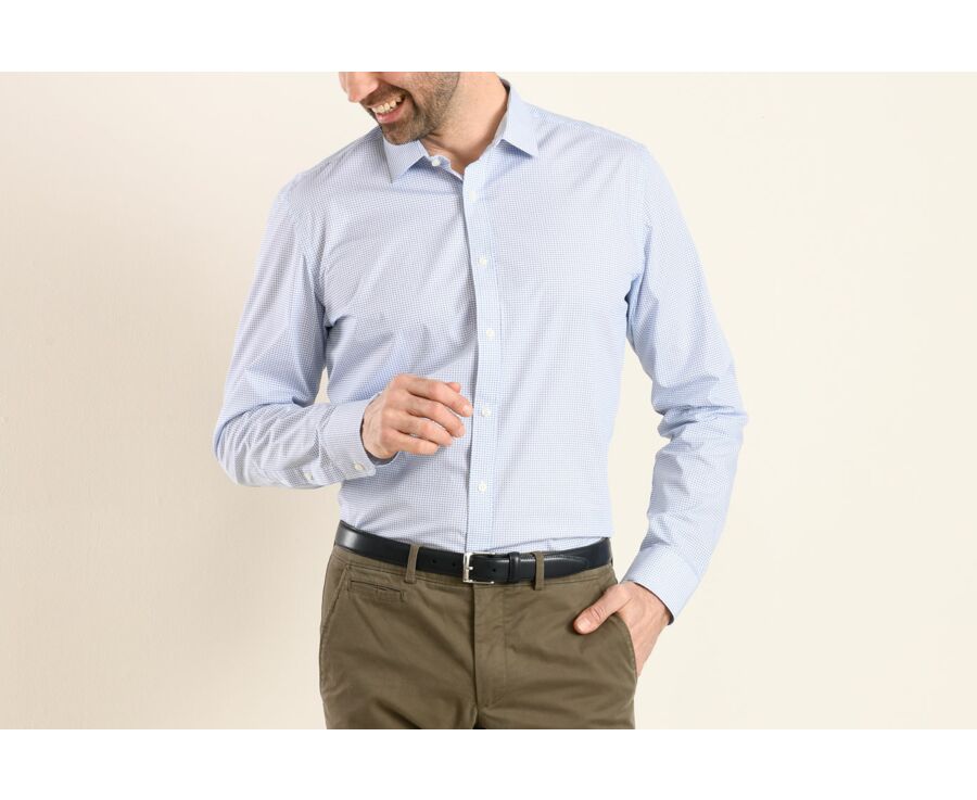 Chemise coton blanche imprimée motifs bleus - Col français - THOMASSIN