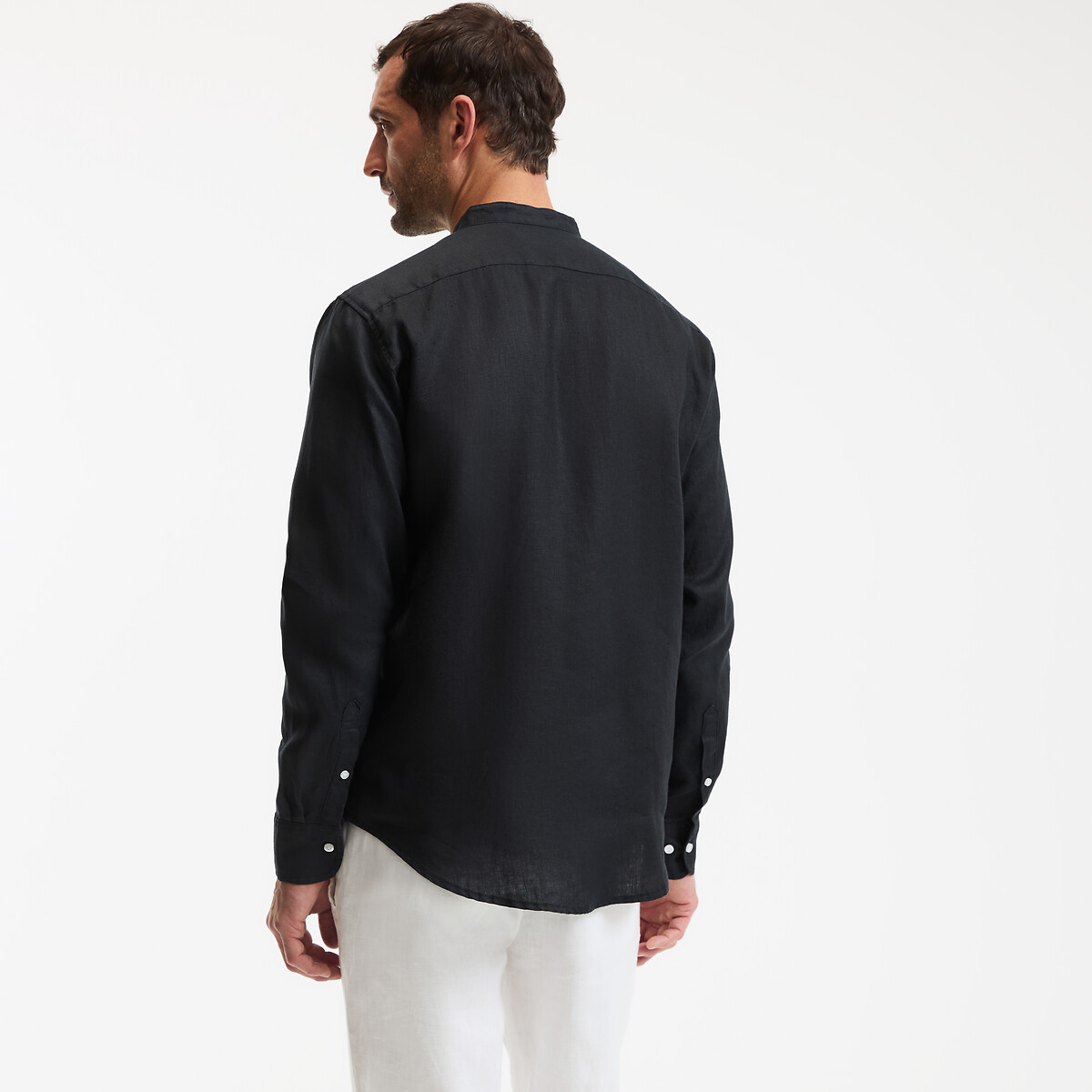 COLEÇÕES LA REDOUTE<br>Camisa reta, gola mandarim, em linho, assinatura AURELE