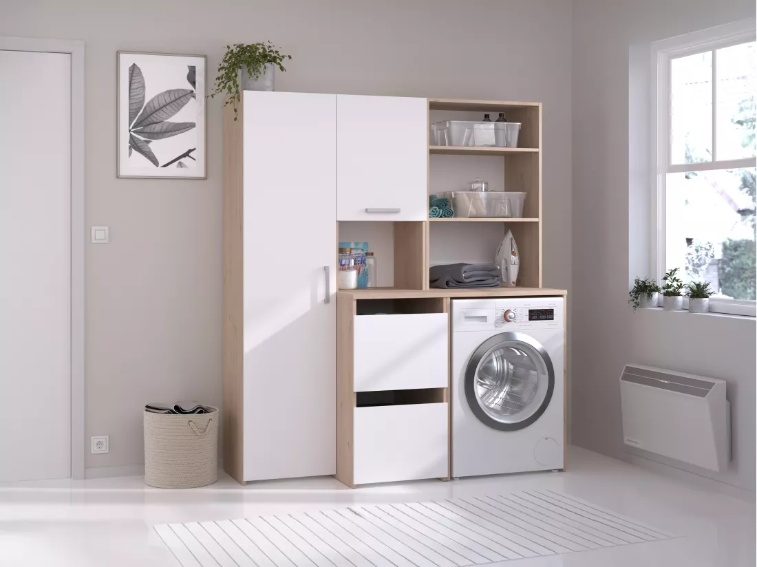 Meuble pour machine à laver avec étagères, placards et colonne de rangement - Naturel clair et blanc - L156 x H184 cm - ERKANO