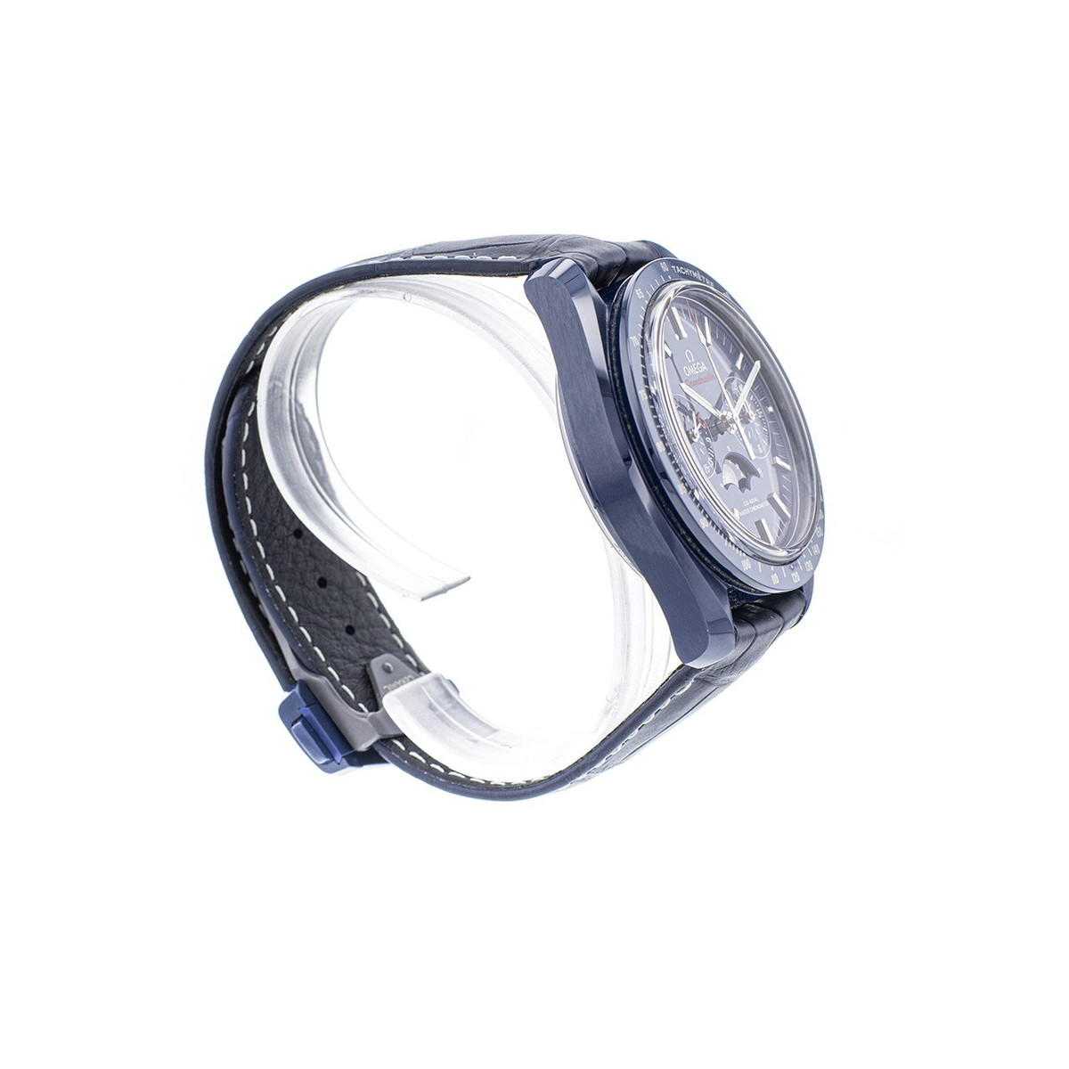 Montre d'occasion Omega Speedmaster homme chronographe automatique céramique bracelet cuir bleu