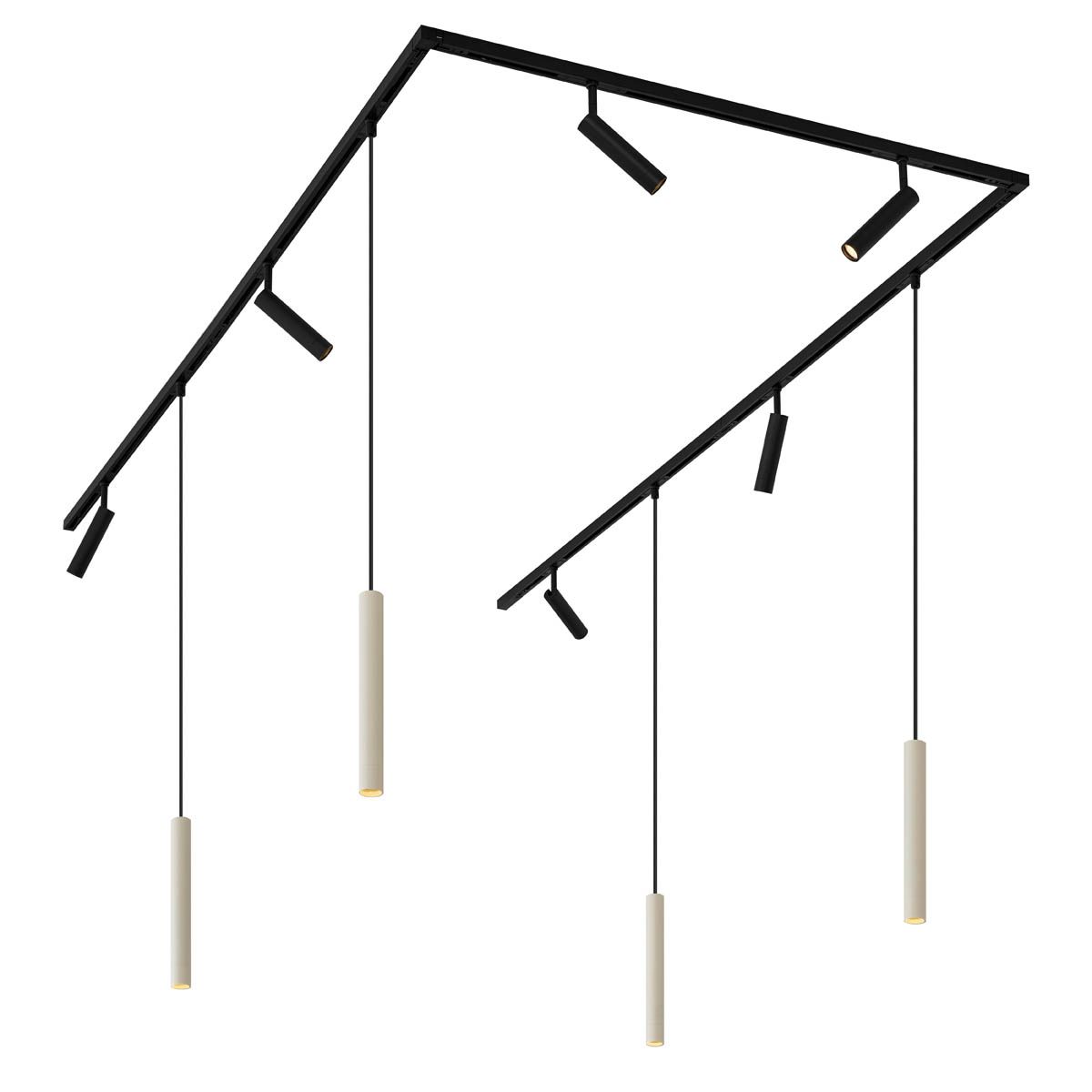 Modern railsysteem met 6 spots en 4 hanglampen beige met zwart 1-fase - Slimline Uzzy Keno
